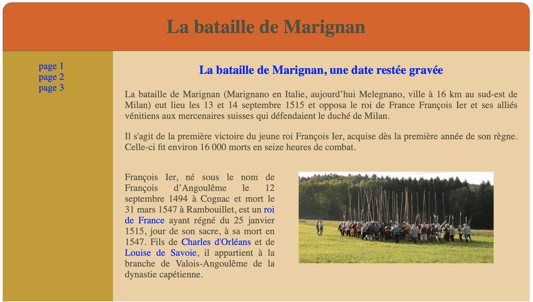 page complète avec bandeau de navigation, utilisant display:flex