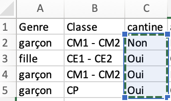 selection de la plage de données (en pointillés bleus) après avoir écrit =NB.SI(