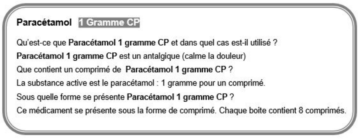 Informations extraites de la notice du médicament Paracétamol 1 gramme CP.