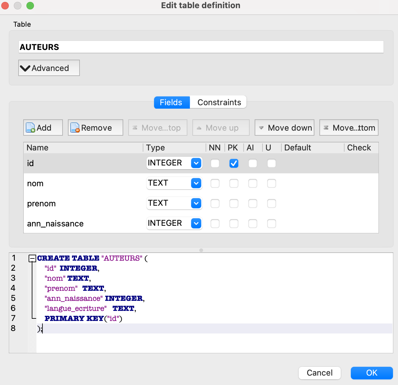 creation de la table AUTEURS sous sqldbrowser