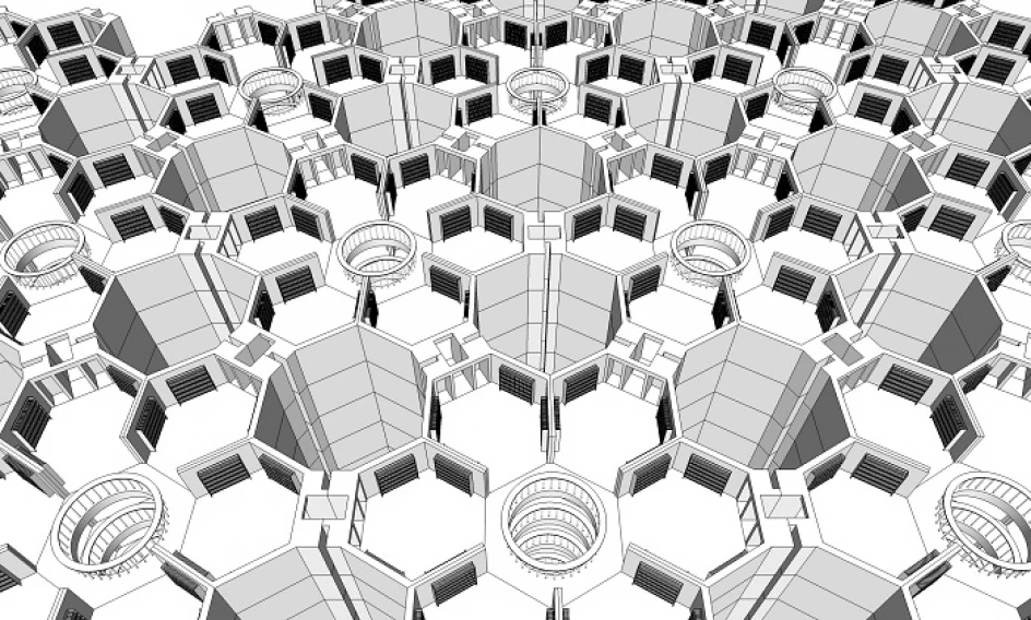 vue d'artiste de la bibliothèque de Babel