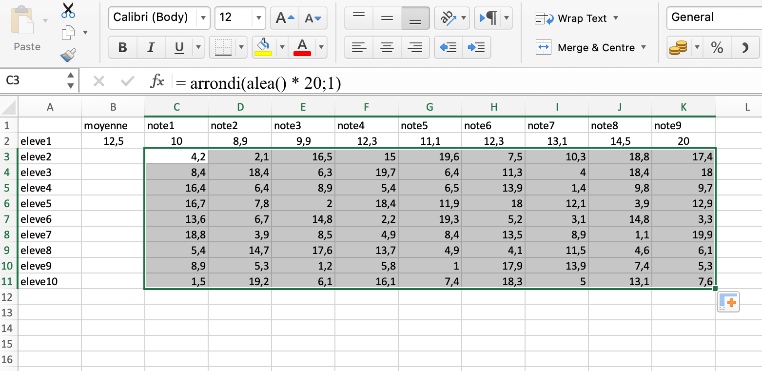 tableau de valeurs aleatoires