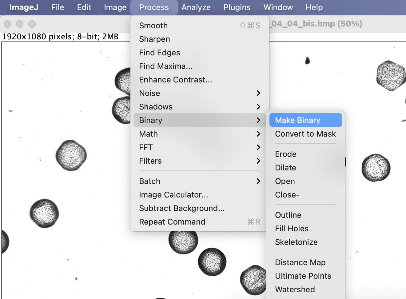 menus de ImageJ