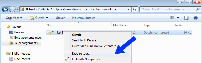 Clic droit sur le dossier .zip et choisir 