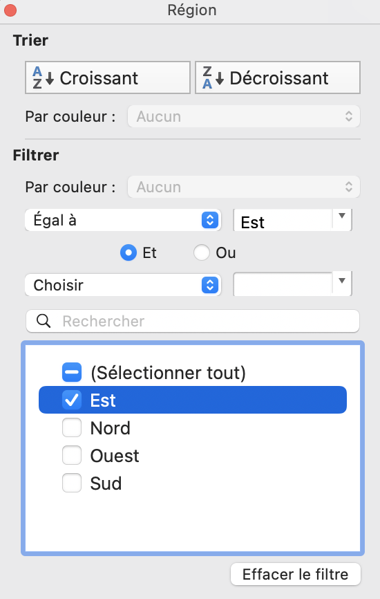 menu permettant la sélection par Région