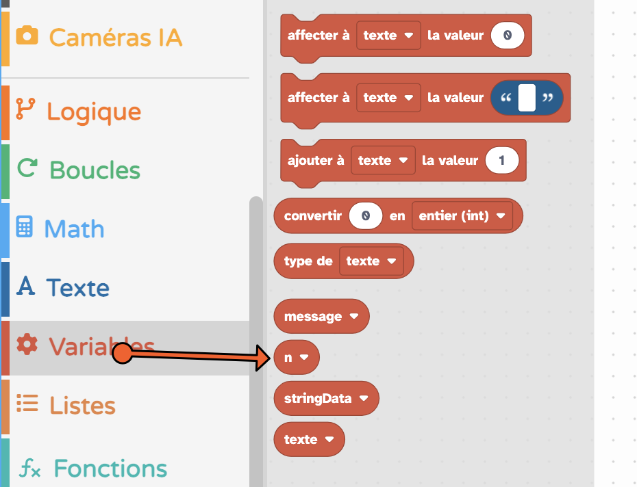 La variable n se trouve dans la liste des blocs du menu Variables