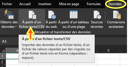 Exemple d'import d'un fichier .csv depuis le bandeau Données